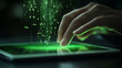 © Maksym - A personâs hand touching a tabletâs fingerprint sensor, glowing green and projecting holographic data streams into the air, emphasizing advanced security