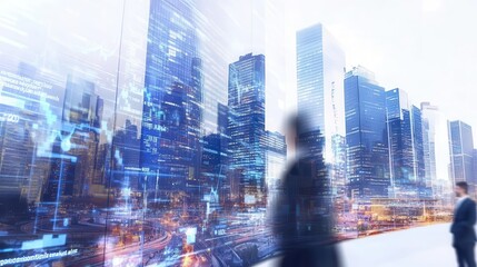 Poster - City reflections and financial stock visuals merge to depict an artistic representation of modern business leadership.