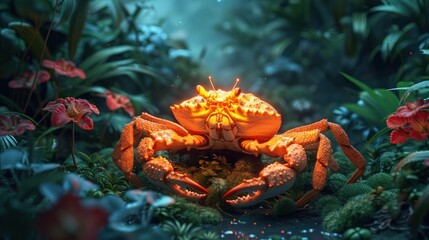 Wall Mural - Glowing red crab concealed within a dense lush tropical foliage in a mysterious moody underwater environment