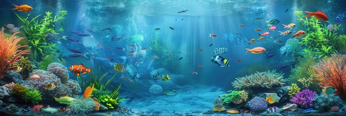 Poster - Colorful aquarium fish swimming among vibrant coral reefs in a serene underwater world. Generative AI