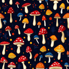 Poster - Colorful illustration of various mushrooms against a dark background with vibrant details and playful design elements