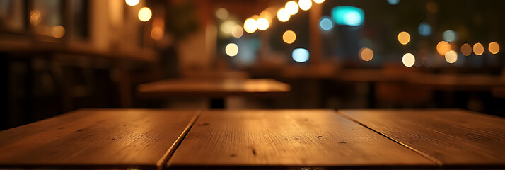 Poster - Wooden table top in a dimly lit cafe at night, with blurred light and bokeh effects creating an aesthetic atmosphere._00002_