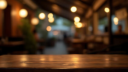 Aufkleber - Wooden table stands empty under blurred lights in a dimly lit night scene at a quiet cafe._00003_