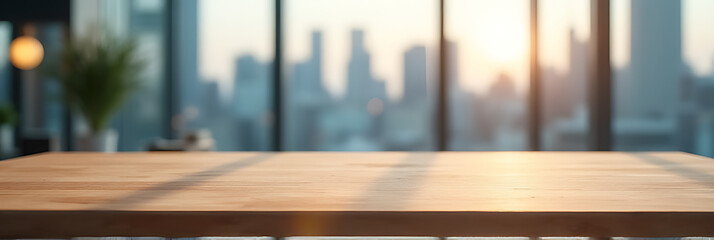 Aufkleber - Wooden table in an office setting with a blurred background of a cityscape view, suitable for product display or visuals._00001_