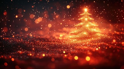 Wall Mural - a red christmas tree made of golden, glowing particles on a dark background with bokeh lights, creat