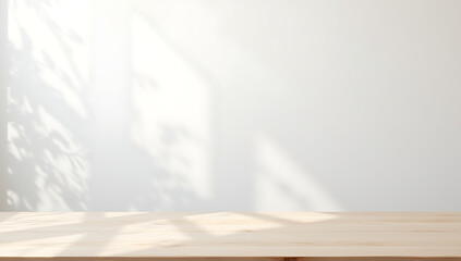 Poster - White abstract background with a wood table top displayed in a typical department store setting for home decor shoppers._00002_