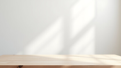 Poster - White abstract background with a wood table top displayed in a typical department store setting for home decor shoppers._00001_