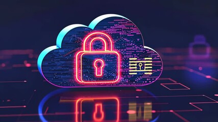 Poster - A vibrant digital representation of a cloud with a lock, illustrating the concept of secure data storage and encryption in modern technology.