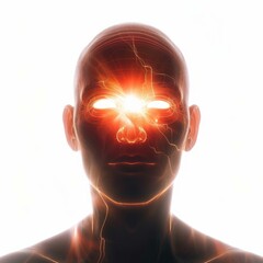Poster - 3d rendered illustration of a human head with bright light emanating from the eyes, showing nervous system activity