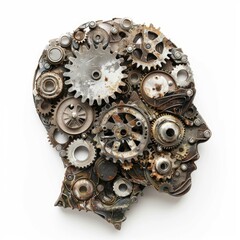 Poster - Human head silhouette filled with rusty gears is lying on a white background, representing artificial intelligence