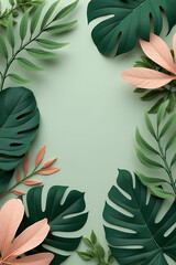 Poster - Tropical leaves with soft pastel colors are placed on a natural green foliage background in this botanical nature design concept._00003_