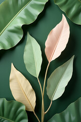 Poster - Tropical leaves with soft pastel colors are placed on a natural green foliage background in this botanical nature design concept._00002_