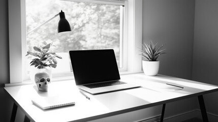 Aufkleber - Modern workspace featuring a laptop, plants, and natural light during daytime hours