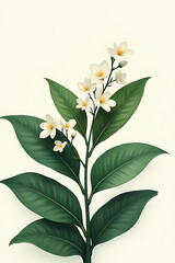 Aufkleber - Tropical leaf collection features a beautiful foliage plant with delicate white flowers set against a minimalist abstract background design._00003_