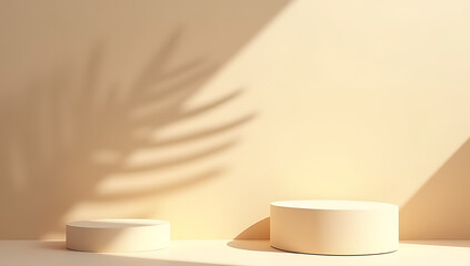 Aufkleber - Tropical design features a sandstone product display platform with a shadow of a palm leaf on a beige pastel wall._00001_