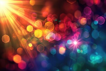 Wall Mural - Star Effect. Abstract Lens Flare Light on Black Background. Bokeh Burst with Rainbow Halo