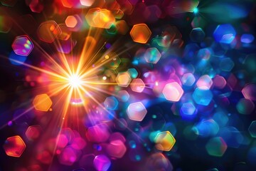Wall Mural - Star Effect. Abstract Lens Flare Background with Colorful Burst and Beautiful Bokeh Effect