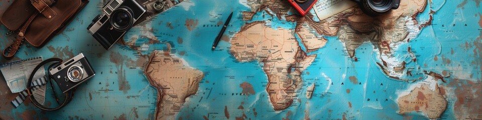 Aufkleber - Travel photos arranged on a world map backdrop with ample copy space for creative design and layout options. Generative AI