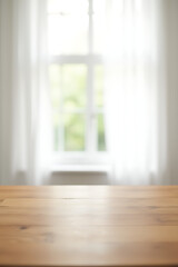 Poster - The wooden tabletop is bare against a blurred white curtain with a clear view through the window in the background._00003_