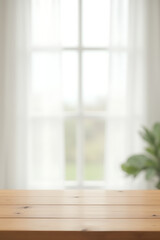 Poster - The wooden tabletop is bare against a blurred white curtain with a clear view through the window in the background._00002_