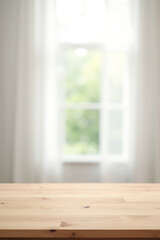 Poster - The wooden tabletop is bare against a blurred white curtain with a clear view through the window in the background._00001_