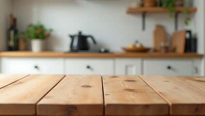 Aufkleber - The wood table top is in sharp focus while the rest of the kitchen counter remains blurred in the background._00002_