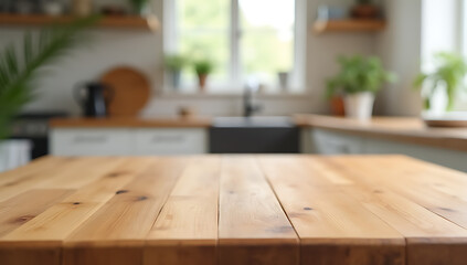 Aufkleber - The wood table top is in sharp focus while the rest of the kitchen counter remains blurred in the background._00003_