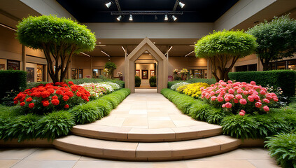Poster - The top sandstone product display platform features a beautiful flower garden in vibrant colors surrounding the main attraction._00001_