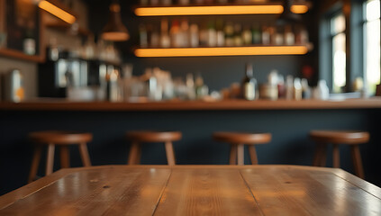 Poster - The top of a wooden table is cluttered with items including a blurred counter, bar stools, and various bottles in the background._00002_