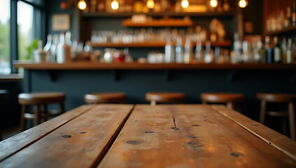 Poster - The top of a wooden table is cluttered with items including a blurred counter, bar stools, and various bottles in the background._00001_