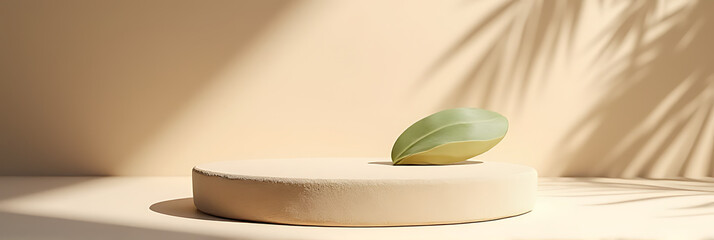 Aufkleber - The sandstone top product display platform features a tropical design with a subtle shadow effect and a single pastel colored leaf._00002_
