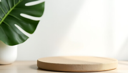 Aufkleber - The sandstone top of a product display platform features a tropical leaf against a white wall in a selectively focused shot._00001_