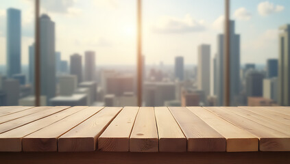 Aufkleber - The empty wood table features a blurred cityscape in the background, suitable for product displays or key visuals in a montage._00001_