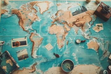 Aufkleber - Travel memories displayed on a world map backdrop with diverse travel photos and decorative items. Generative AI