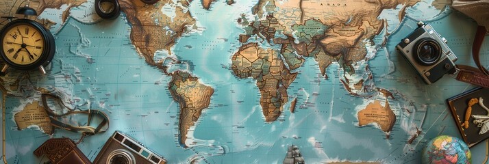 Poster - Travel memories displayed on a world map backdrop for an exciting journey around the globe. Generative AI