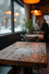 Aufkleber - Snowflakes gently fall onto an empty wooden table in a cozy winter cafe setting, adding to its rustic charm._00002_