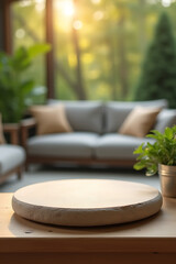 Aufkleber - Sandstone top product display platform features a living room and garden setting in the bokeh background._00002_