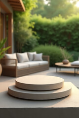 Aufkleber - Sandstone top product display platform features a living room and garden setting in the bokeh background._00001_