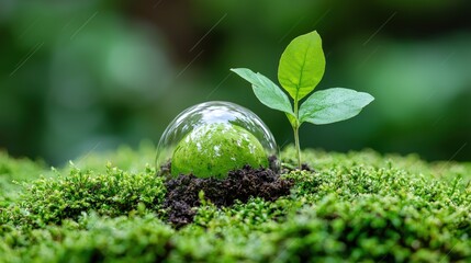 Canvas Print - Sapling and earth inside a bubble on moss.