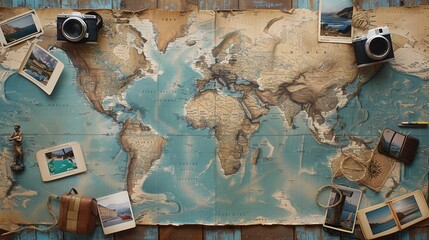 Aufkleber - Travel memories captured on a world map backdrop with room for adventure planning. Generative AI