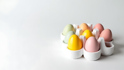 Aufkleber - Polystyrene foam with colorful eggs placed on a plain white surface provides a visually appealing contrast and interesting texture._00002_