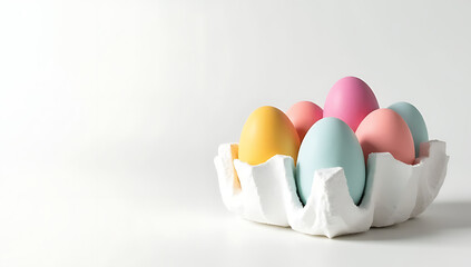 Aufkleber - Polystyrene foam with colorful eggs placed on a plain white surface provides a visually appealing contrast and interesting texture._00003_