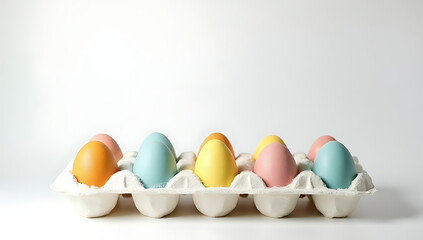 Aufkleber - Polystyrene foam with colorful eggs placed on a plain white surface provides a visually appealing contrast and interesting texture._00001_