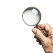 © PNG - Antique Magnifying Glass Held by a Senior Hand Isolated on White Background research discovery exploration investigation zoom tool examining analyze searching seeking finding observe inspect
