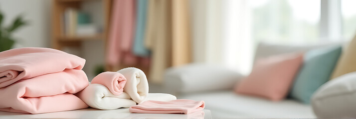 Aufkleber - Pastel colored clothing items are placed on a clean house background with minimal furniture to show simplicity in design concepts._00002_
