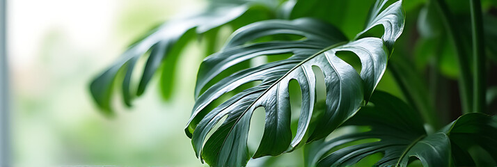 Poster - onstera leaves in selective focus create a tropical and botanical decoration design background with their natural pattern and white color accent._00003_