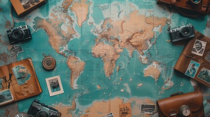 Leinwandbilder - Collection of travel memories displayed on a world map background for creative mock up. Generative AI