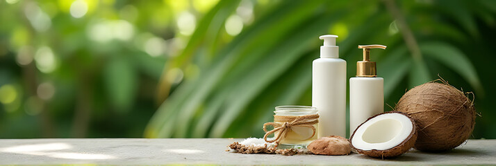 Aufkleber - Nature products displayed on a concrete table amidst a blurred coconut leaf background in a summer setting._00002_