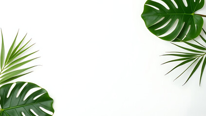 Poster - Monstera leaves arranged on a white background evoke tropical and botanical elements of natural beauty and serene ambiance always._00002_