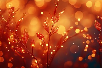 Wall Mural - Red-orange trendy festive background of blurry Christmas lights, Generative AI